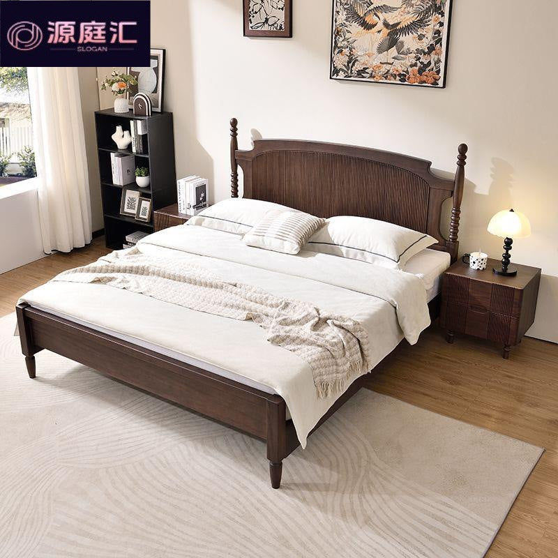 North american black walnut solid wood bed - all solid wood, french retro, mid-century style, high-end master bedroom log bed, wedding bed