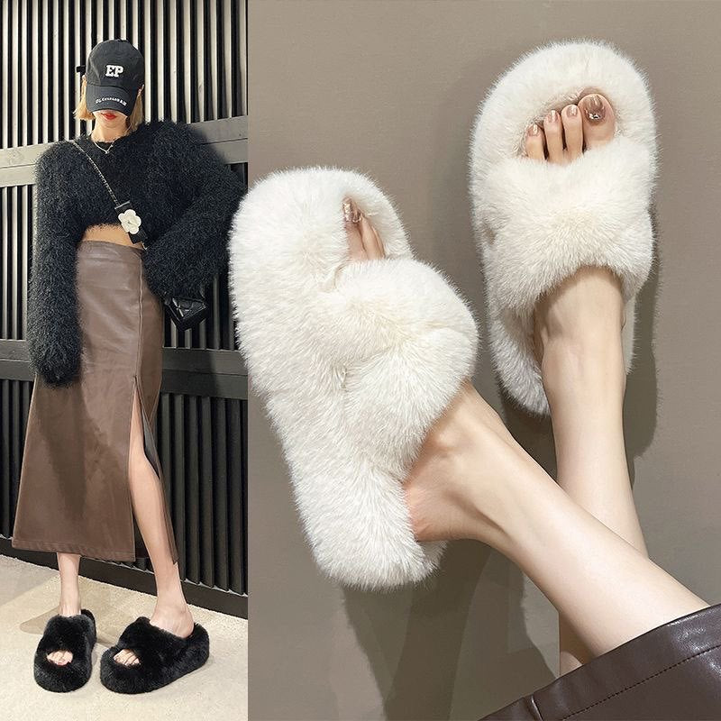 Fall and winter 2023new arrival fur slippers women's fashionoutwearstuffedthick sole slippers k-style cross strap home cotton slippers