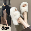 Fall and winter 2023new arrival fur slippers women's fashionoutwearstuffedthick sole slippers k-style cross strap home cotton slippers