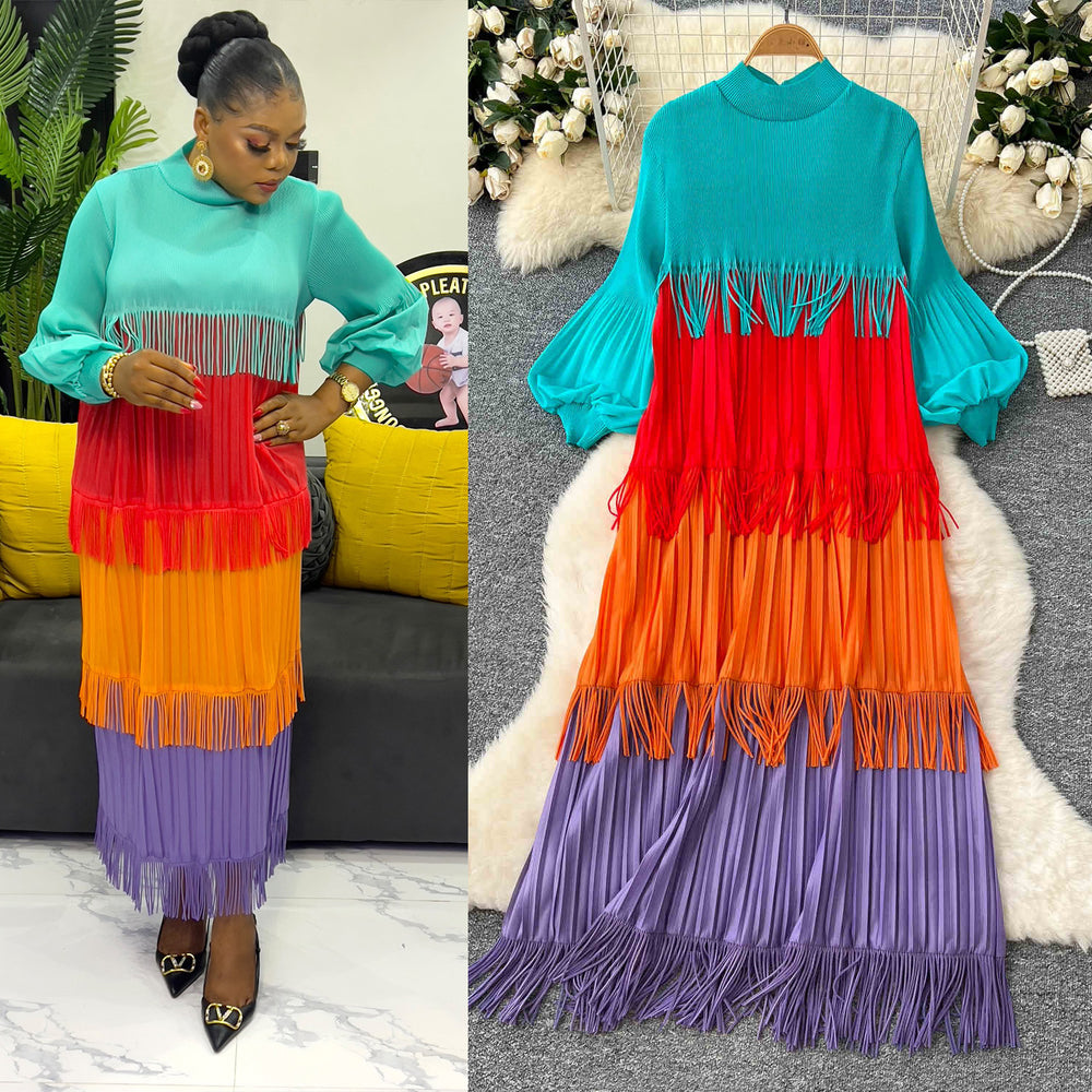 Miura european and american fashion dress women's  spring high-end lantern sleeve loose slimming color block tassel maxi dress