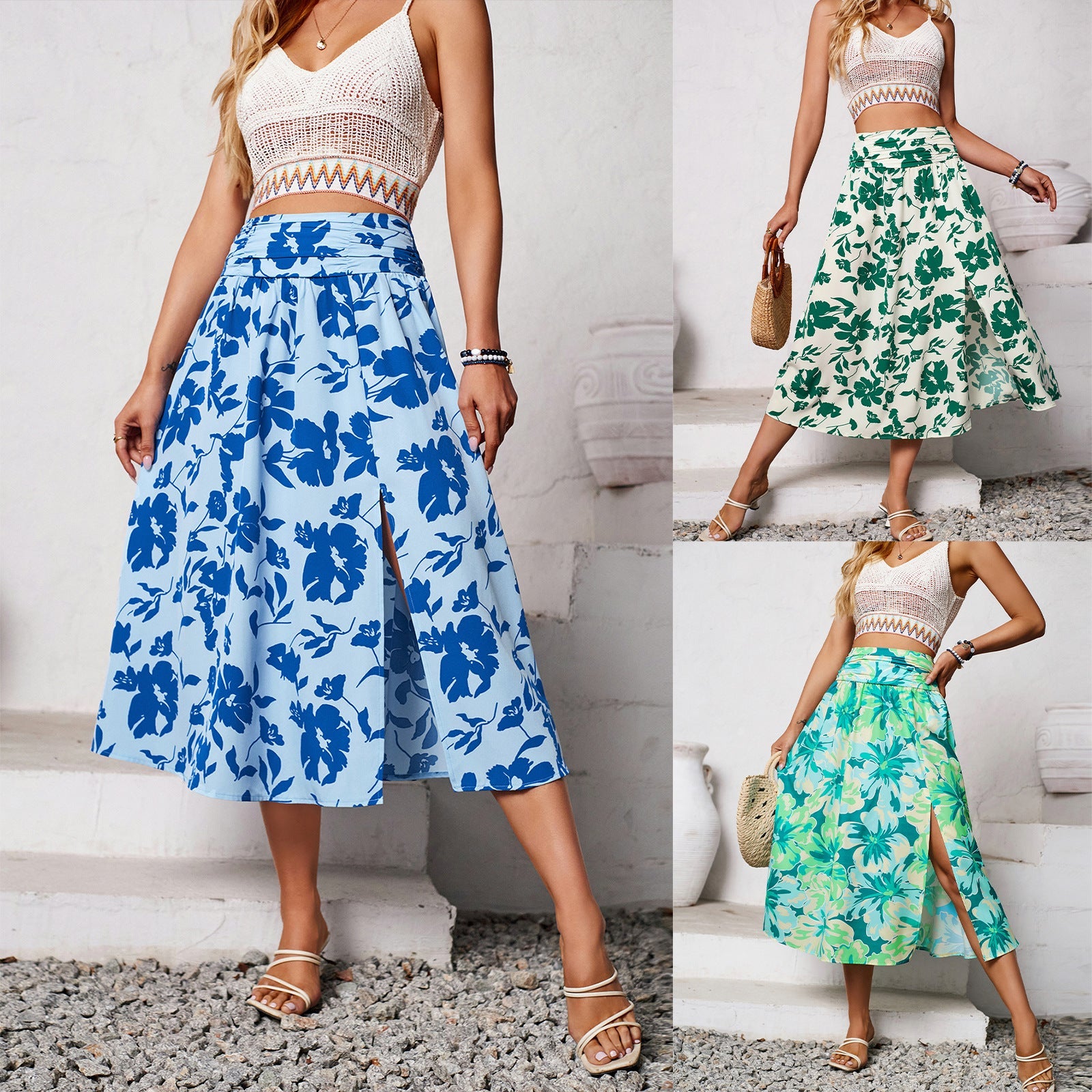 Shanuo independently designs and shoots new women's clothing in Europe, America,  summer casual collection, flower printing skirt