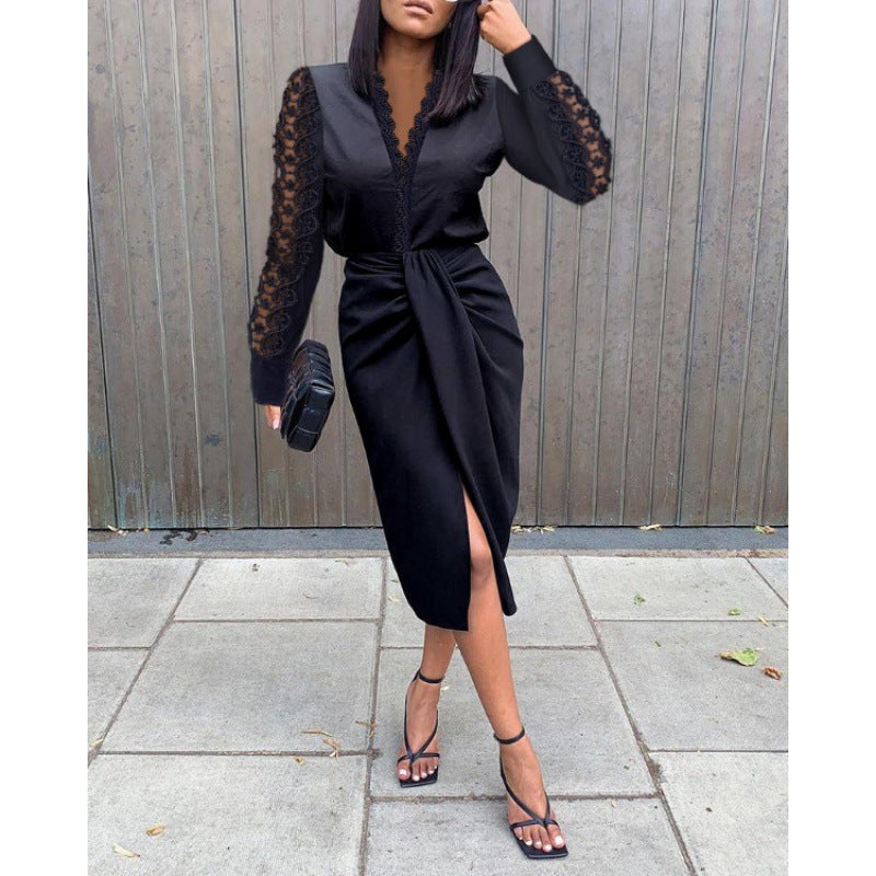 Export  autumn loose v-neck solid color high-waisted midi dress - elegant commute lace trim patchwork dress