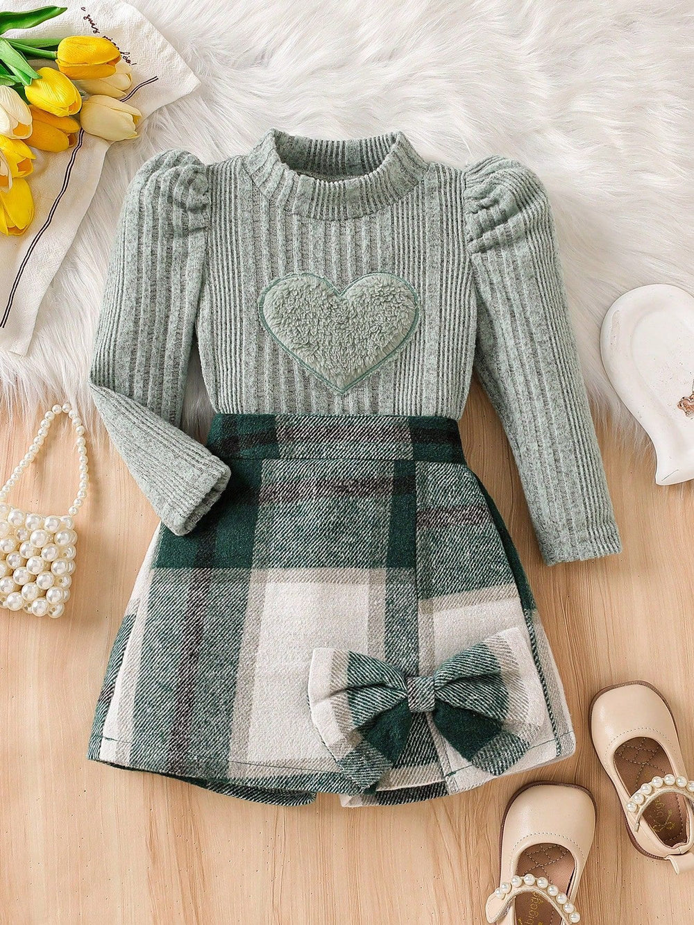 Fashion style spring & fall clothing cross-border girl's pit strip knitting bottom pullover shirt plaid skirt tweed style gridsuit