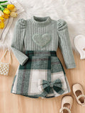 Fashion style spring & fall clothing cross-border girl's pit strip knitting bottom pullover shirt plaid skirt tweed style gridsuit