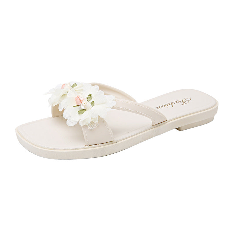 New women's summer sandals with two little flowers - stylish, non-slip, versatile flat sandals for outdoor wear, trendy beach slippers