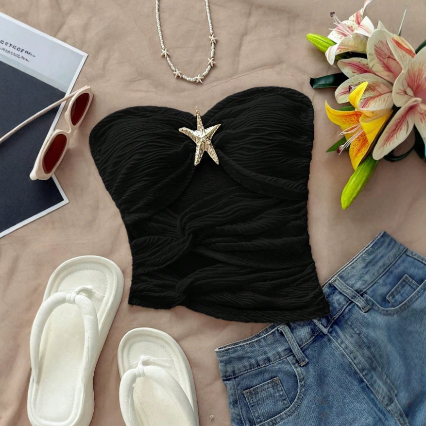 new european and american solid color bandeau sexy tank top women's pure desire vacation style top