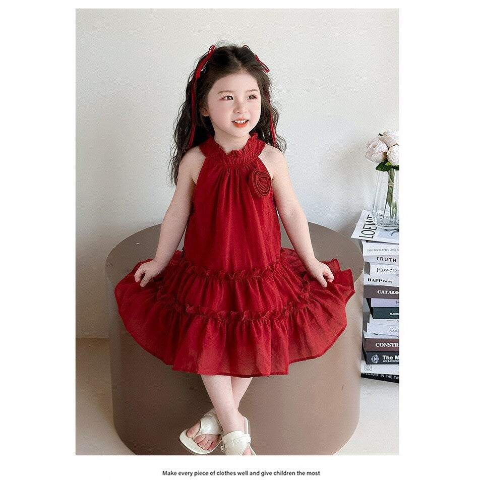 new girls' red rose halter dress - kids' princess cake dress - stylish summer outfit for little girls