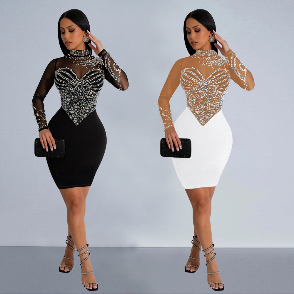 C6915 cross-border   fashion women's solid color mesh rhinestone long sleeve mini dress