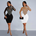 C6915 cross-border   fashion women's solid color mesh rhinestone long sleeve mini dress