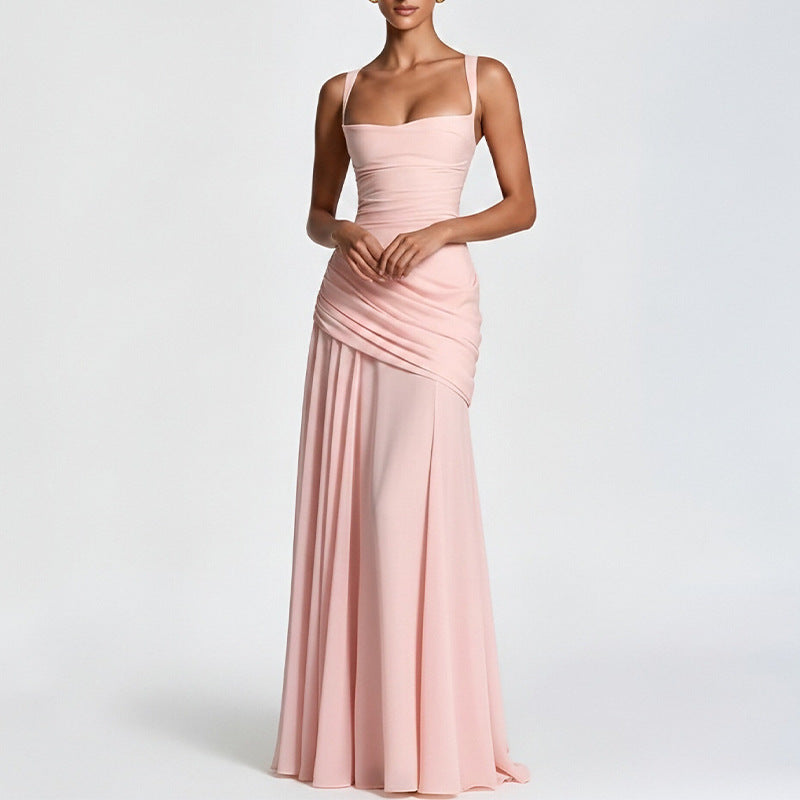 european and american export women's clothing: elegant and sexy solid color sleeveless cinched waist swing dress with spaghetti straps