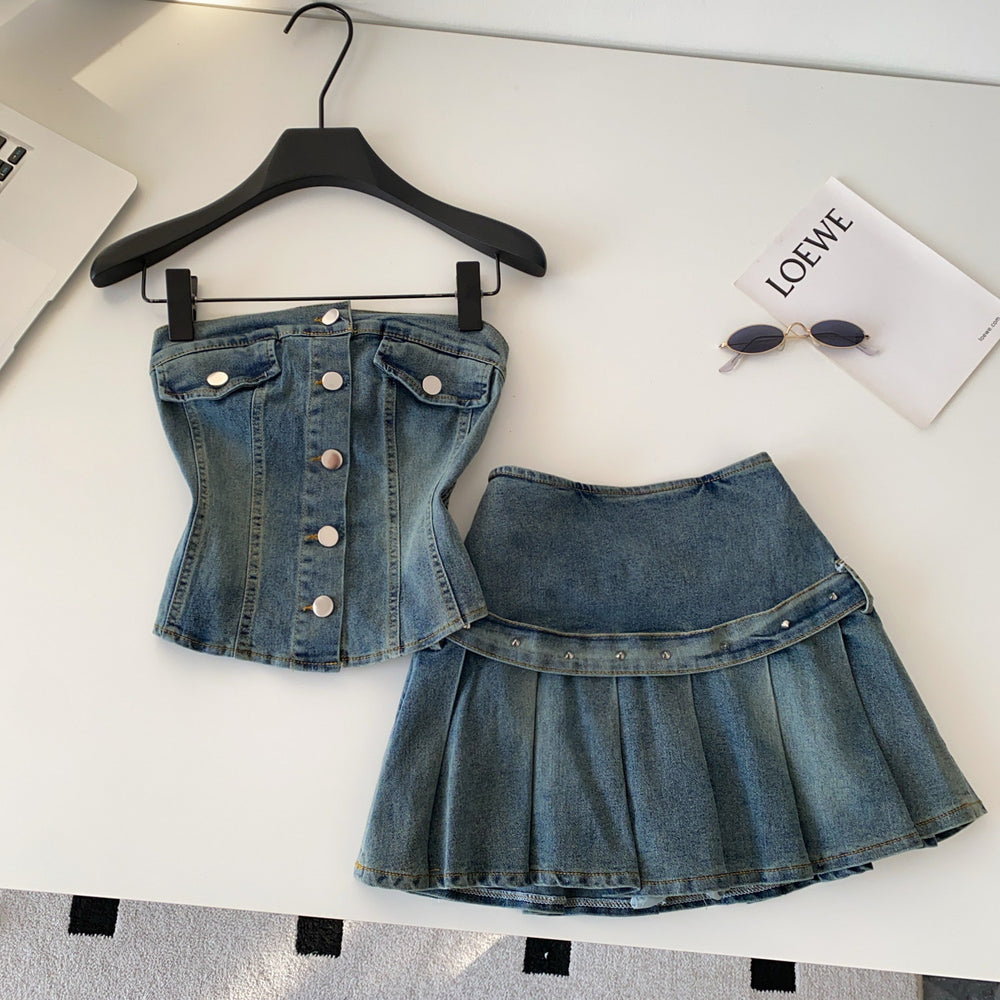 Exportretro denim style tube topvest pleated skirt two-piece set women's summer slimming look suit