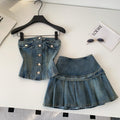 Exportretro denim style tube topvest pleated skirt two-piece set women's summer slimming look suit