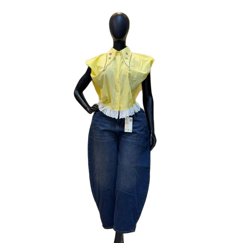 European and american cross-border women's fashion:  summer new arrivals - trendy striped, beaded, and patchwork design short-sleeve shirt