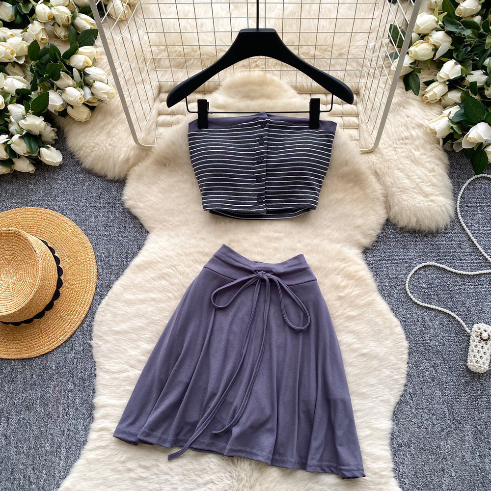Korean style red striped bandeau top and tie-waist midi skirt set - women's summer slim fit flattering two-piece hot girl outfit