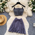 Korean style red striped bandeau top and tie-waist midi skirt set - women's summer slim fit flattering two-piece hot girl outfit