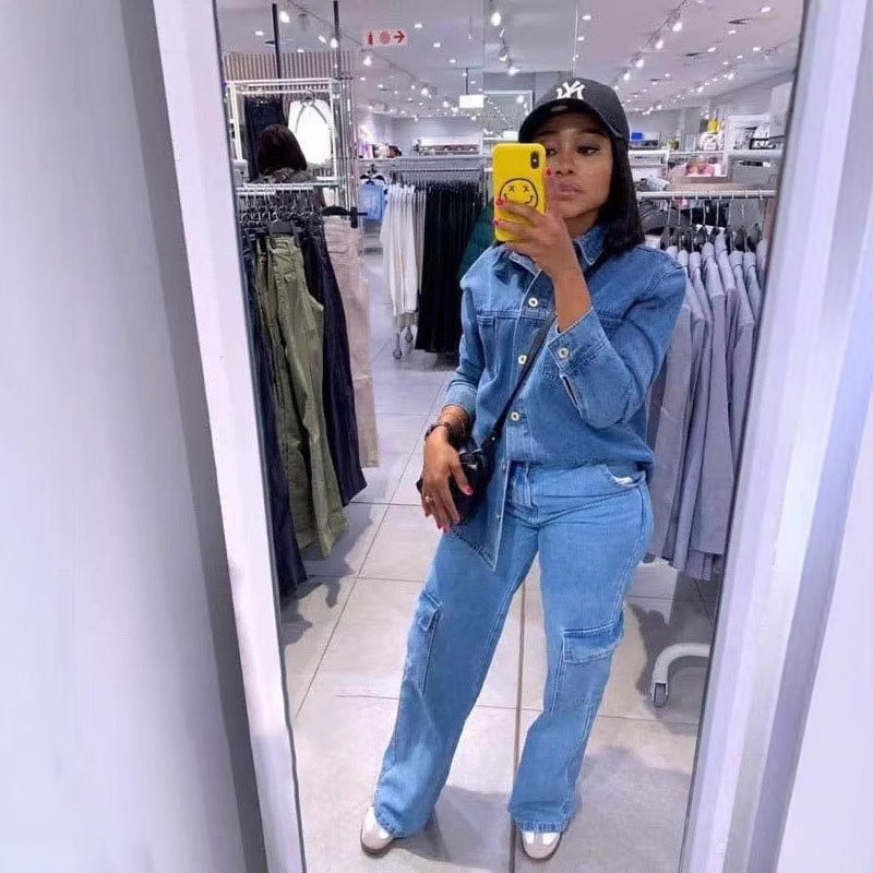 European and American  women's clothing  new loose lapel cardigan long-sleeved straight trousers multi-pocket set denim