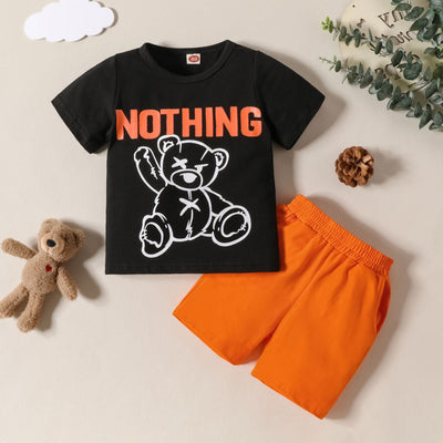 Amazon's new boys' summer black top and printed letter bear shorts 2-piece set with elastic waistband, a hot-selling set of 2