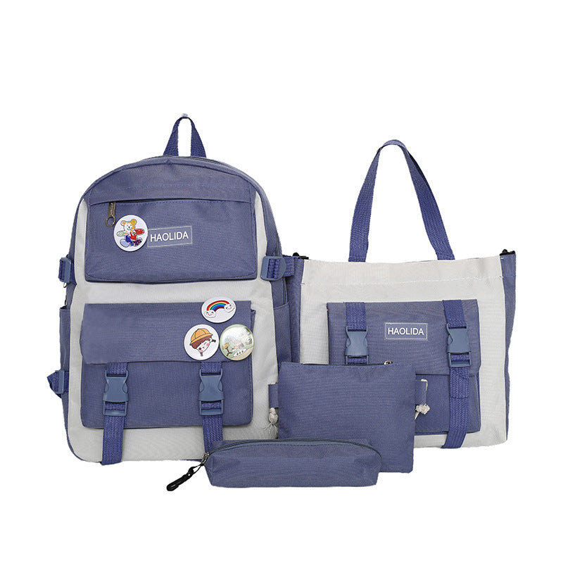 New fashionable contrasting color student schoolbag junior high school large-capacity four-piece backpack class travel backpack make-up bag