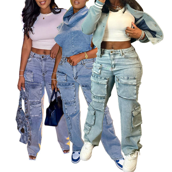 HR88003 European and American fashion women's clothing, elastic denim fabric, three-dimensional multi-bag tooling style denim trousers
