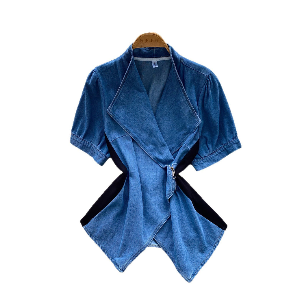 French work clothing style v neckasymmetrical short-sleeved shirt for women with waist slimming looksense of design bluetopsaccessible luxury style