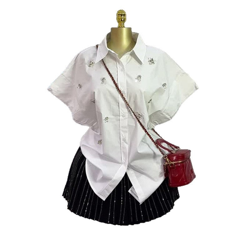 European and american women's clothing  autumn new arrival: refreshingly chic lapel shirt with rhinestone detail and batwing sleeves