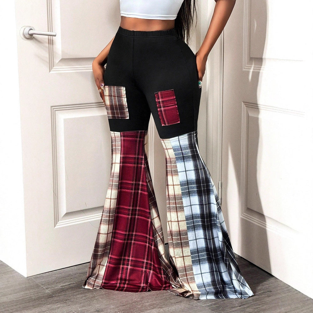 Amazon cross-border  spring/autumn women's high-waisted patchwork print flare casual pants - export overstock