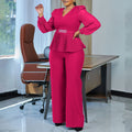 D555 cross-border women's elegant & chic office outfit: v-neck long sleeve ruched waist top & wide leg pants set