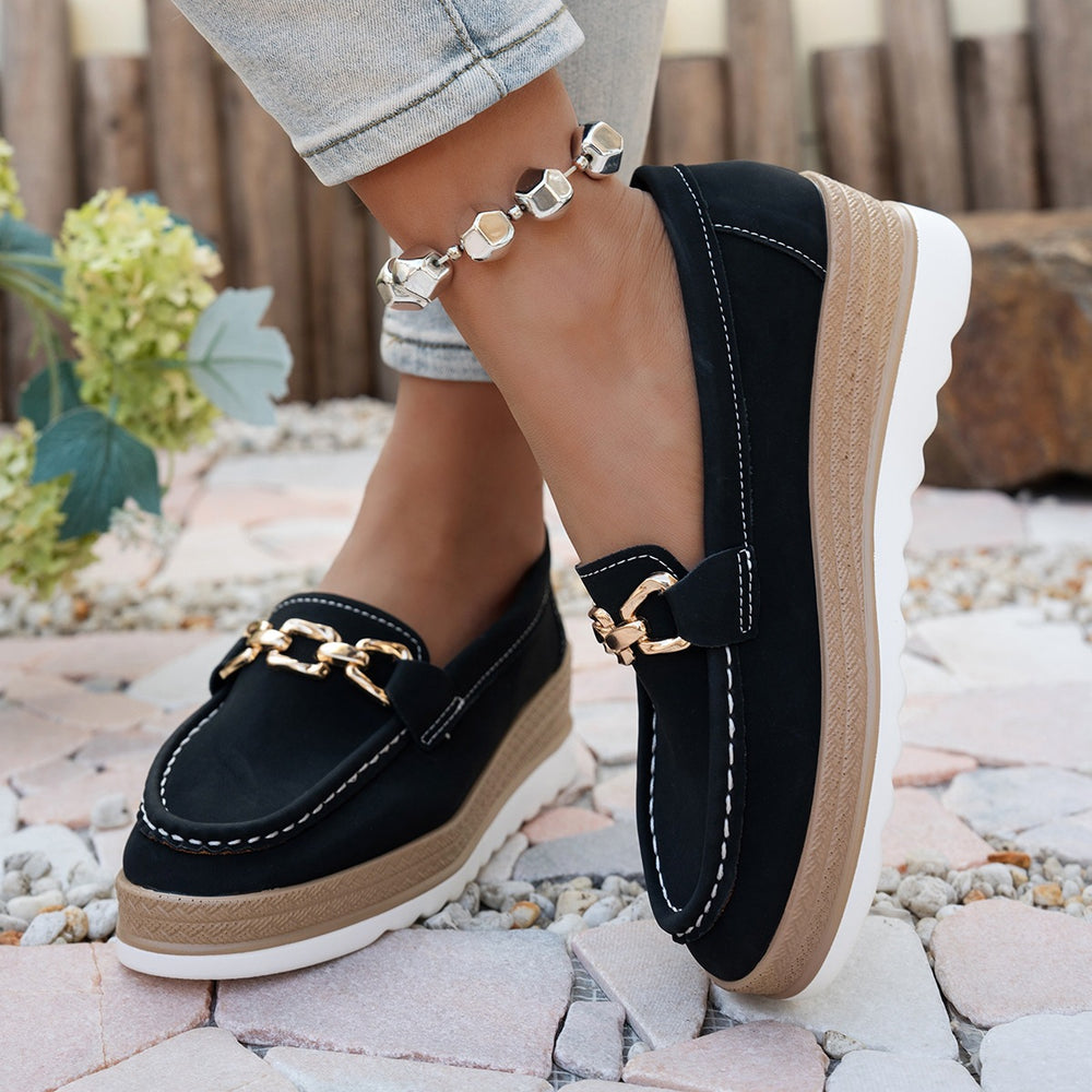 export plus size women's single shoes  autumn new metal chain wedge heel platform casual loafers wholesale