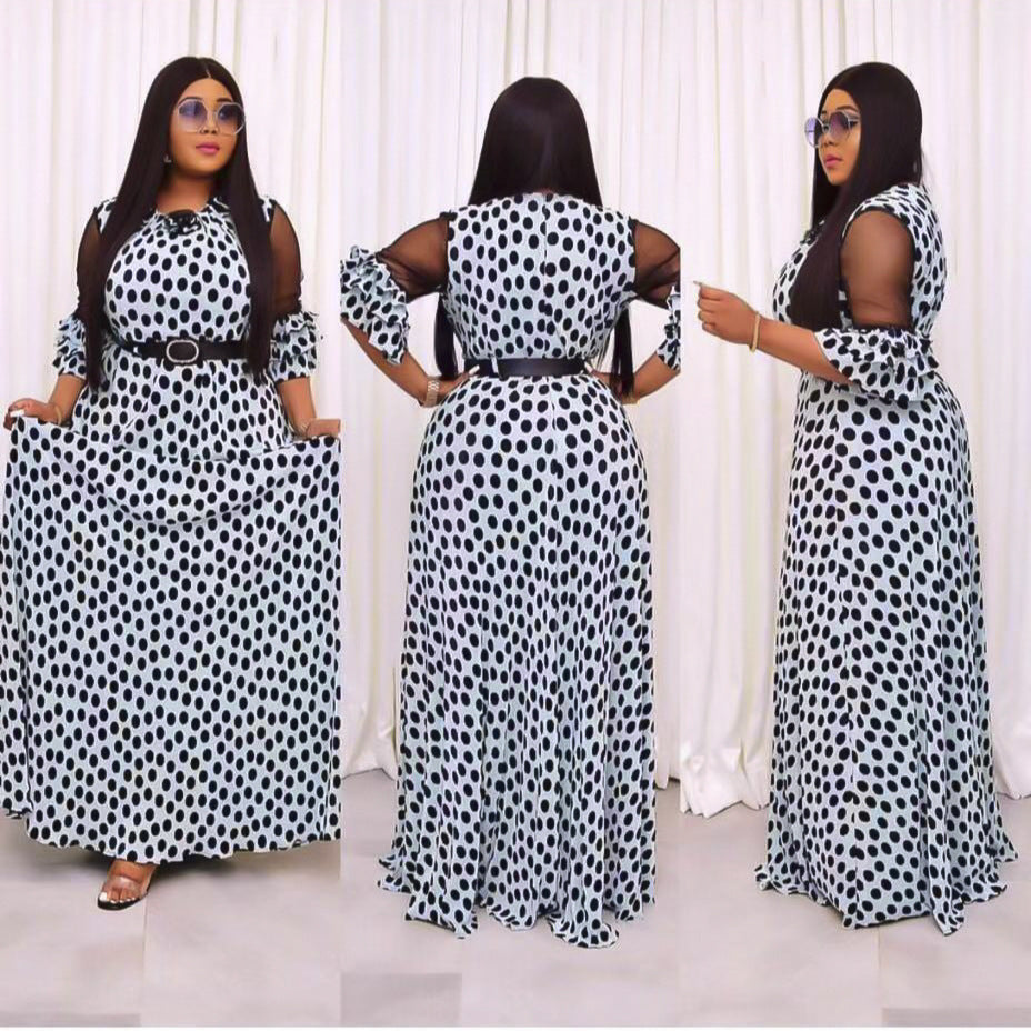 sourcing:  &  - african plus size women's slimming long a-line dress with polka dot lace detail