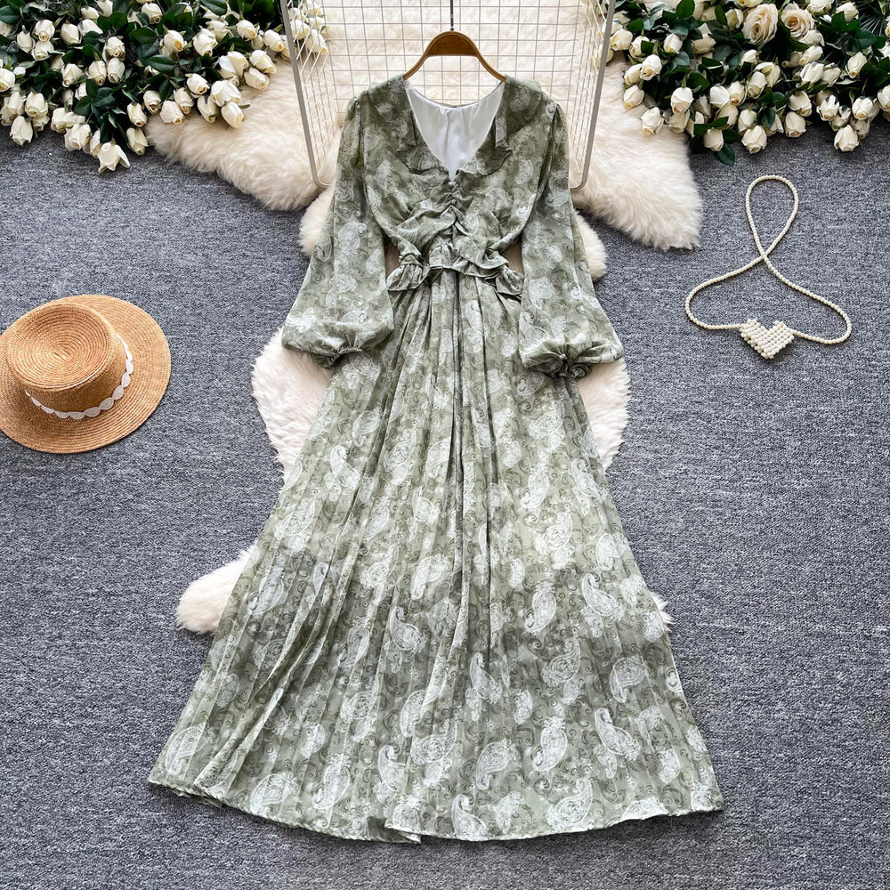 French-inspired v-neck lantern sleeve printed dress - spring floral korean style, slimming a-line maxi dress