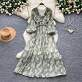 French-inspired v-neck lantern sleeve printed dress - spring floral korean style, slimming a-line maxi dress