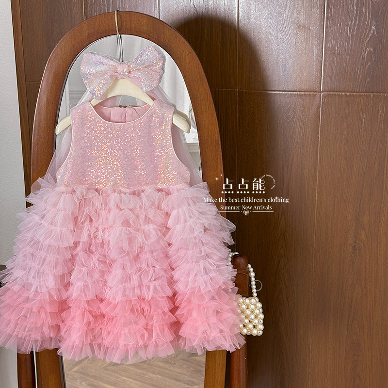 summer girls' gradient soft tulle skirt sequin dress princess chic lace cake skirt wholesale