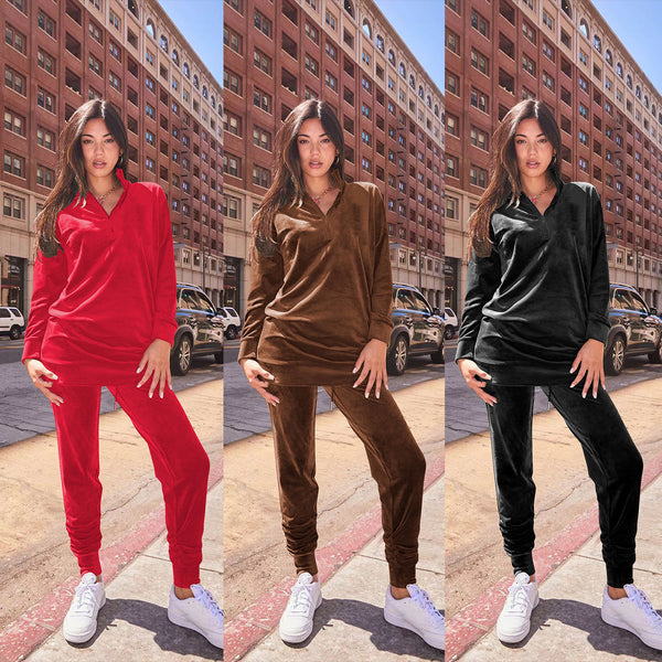 YD8821 European and American women's clothing, 's new models, fashionable and casual silver fox velvet stand-up collar two-piece set,  women's clothing