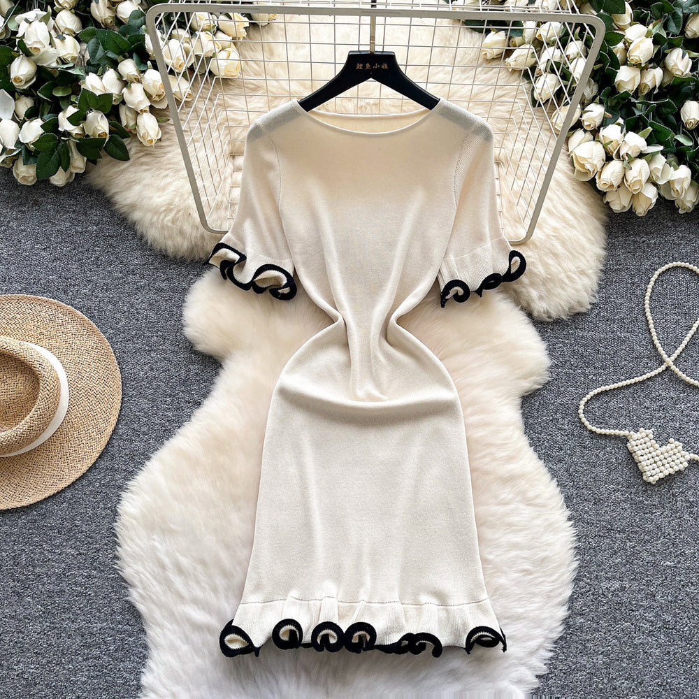 Xiaoxiangfengclassy contrast colorbows strappy long sleevesdress women's metal buckle waist slimming lookknitting short skirt