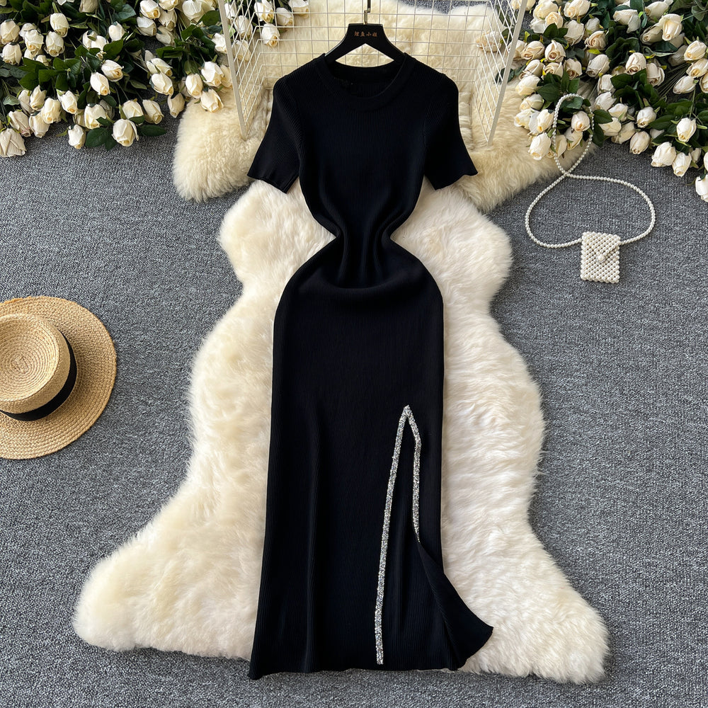 Elegant and chic sequin-embellished midi knit dress for women - summer collection: sexy, slim-fit, round neck, short sleeves, and a flattering slit