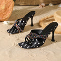 Black and white polka dot high heel slippers - women's summer new arrival, stiletto heel, square toe, rhinestone embellished, braided fashion sandals, sizes 35-42