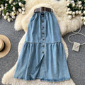 K-style single-breasted denim slit skirt women's summerhigh waista-line skirt medium long patchworkslimming lookwork clothing skirt