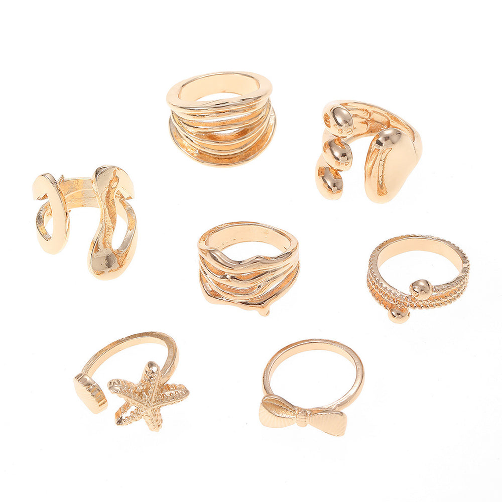 Wholesale fashion jewelry rings: european & american geometric, high-end bow, starfish, unique lava rock knuckle ring set for women