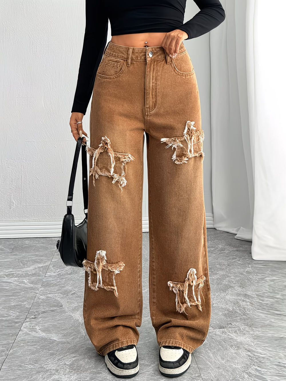 American brown star raw edge patch wide-leg jeans women's high waistloose floor-length straight-leg pants cross-border hot sale
