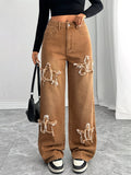 American brown star raw edge patch wide-leg jeans women's high waistloose floor-length straight-leg pants cross-border hot sale