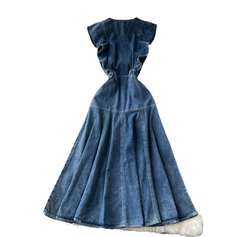 Denim dress women's  new arrival: designer ruffle trim, single-breasted, cinched waist, sleeveless, maxi swing dress