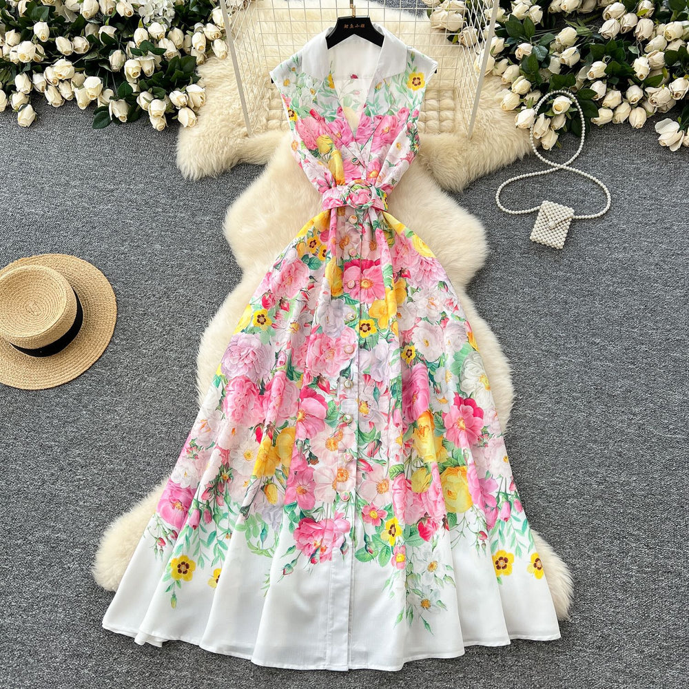 spring new arrival: french chic sleeveless a-line maxi dress with blazer collar, cinched waist, and single-breasted button detail - european & american style print