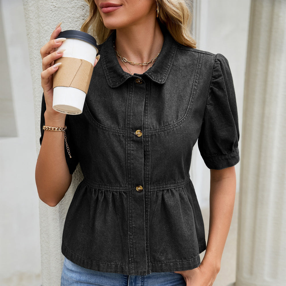 Fashion cross-border women's dark blue denim doll shirt tops lapel single-breasted puff sleeves waist rufflesshirt