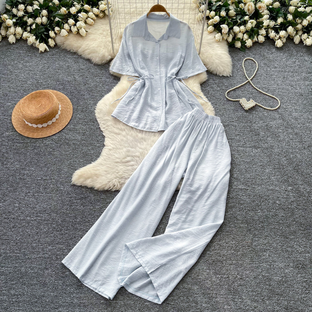 Lazy style pink shirt loose pantstwo-piece set women's summer light and breathable waist tie backfashionableelegantsuit