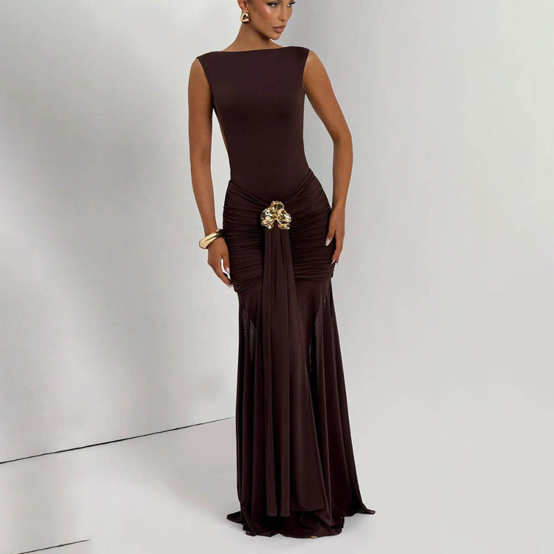 fashion spring/summer new arrival: sleeveless, backless, pleated, and patchwork sexy bodycon dress with elegant ribbon detail
