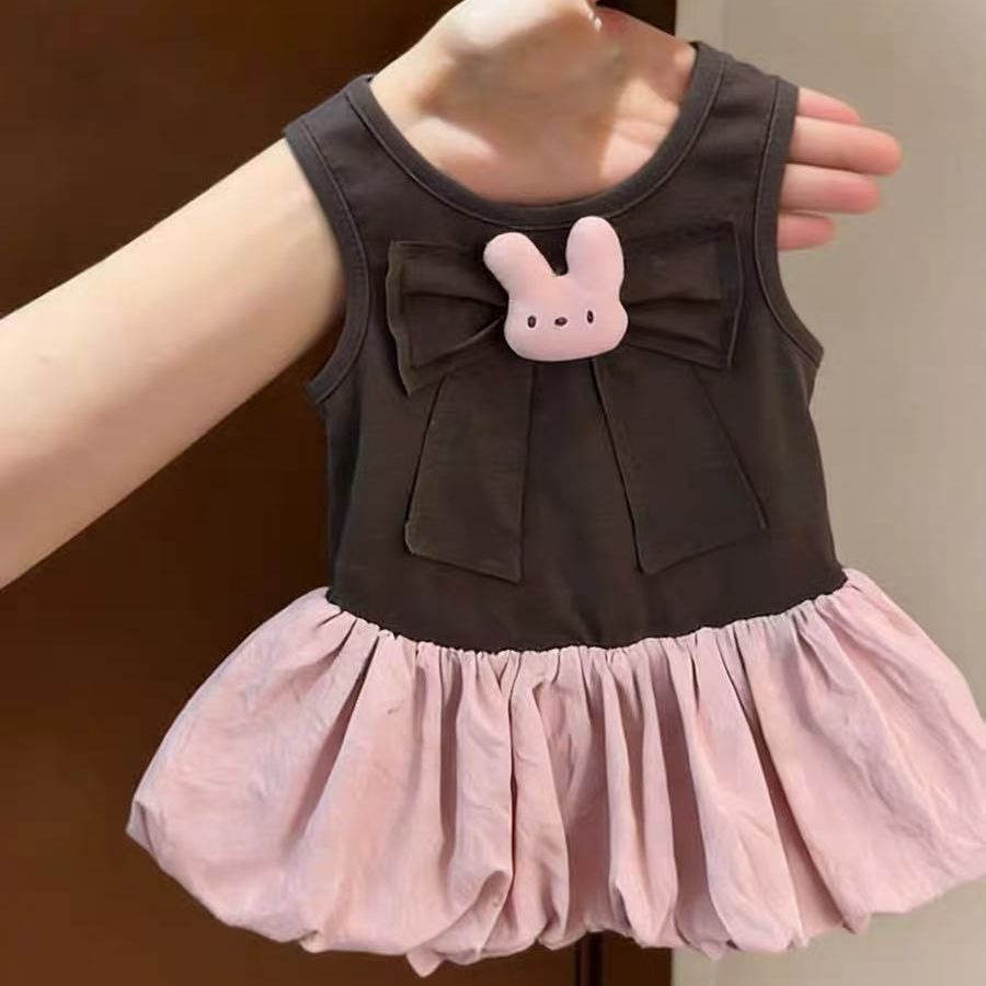 Summernew arrivaldress soft cute style girl pink and white contrast colorlace collar bows flower bud skirt girl vest skirt