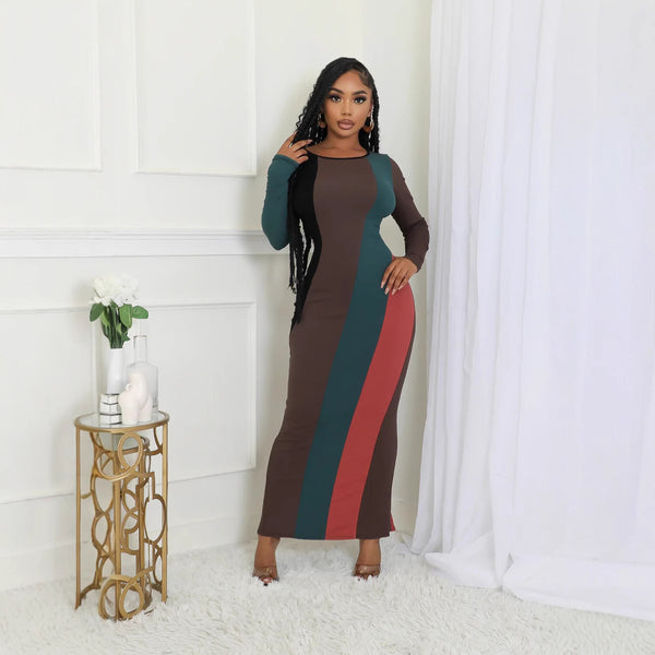 Y5263 European and American women's fashion multi-color splicing long-sleeved pit strip casual dress