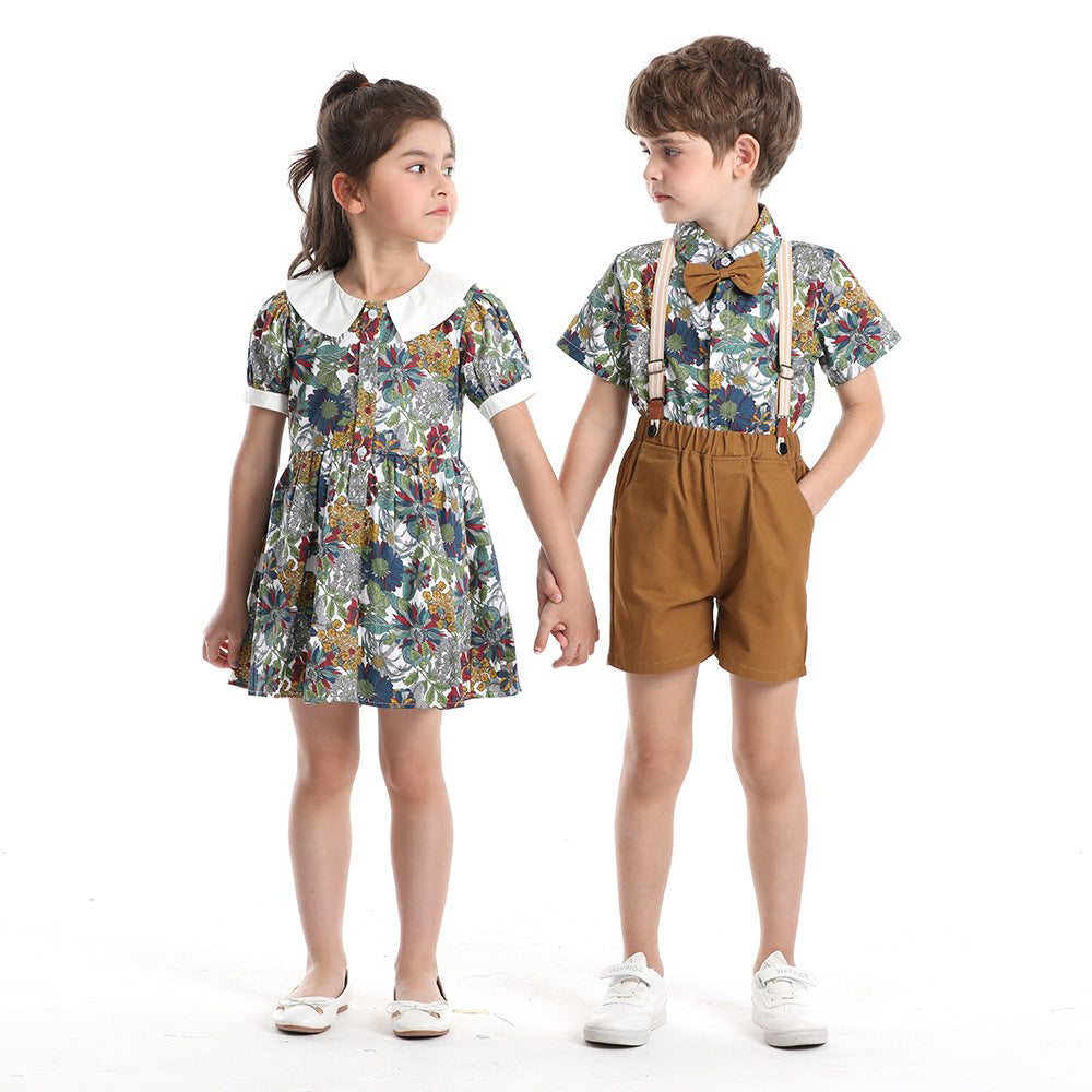 European and american style boys' outfit set: short-sleeve printed shirt, overalls, bow tie - beach-themed cross-border children's wear wholesale