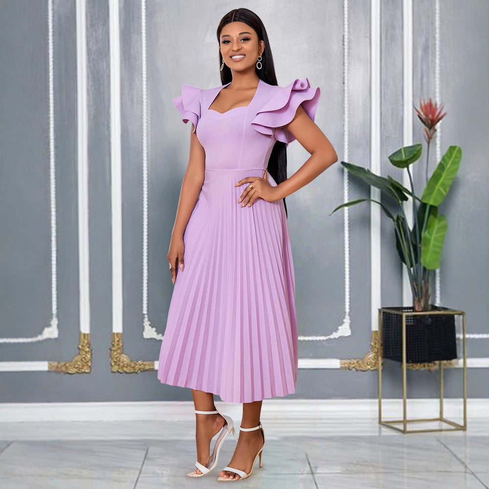 Am030117spring & fall purple square neck dress eleganceelegantcasualwork clothingpleated skirt dresses