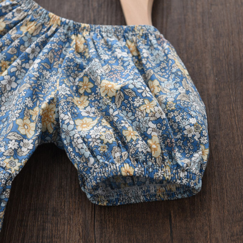 summerk-stylegirl floral skirt square collar puff sleeves back tie backdress children's clothing one piece dropshipping